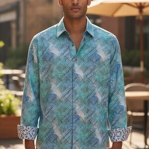 Robert Graham Aqua and Navy Geometric Dress Shirt